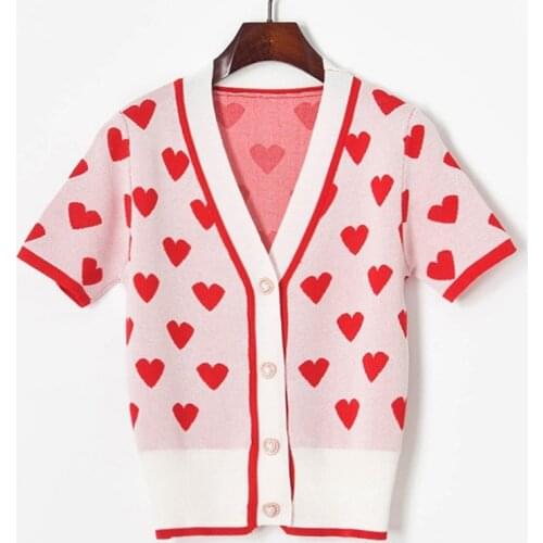 Summer New Sweet Hit Color Love Blouses for Women Casual All-match V-neck Thin Knit Cardigan Elegant Office Lady Woman Tops