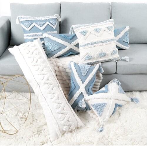 Bohemian Tassel Throw Pillow Case Blue Beige Textured Fringe Tribal Decorative Cushion Cover for Sofa Couch Bedroom