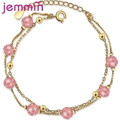 Natural Classic Gold Color Simple Beautiful Pink Strawberry Crystal Bracelets For Women Female Girls Valentine Day Lover Gifts