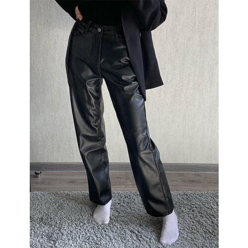 Pants Women 2021 Black Faux Leather Pants High Waist Pants Pockets Fashion Straight Leg Pants Casual Elegant Trousers Streetwear