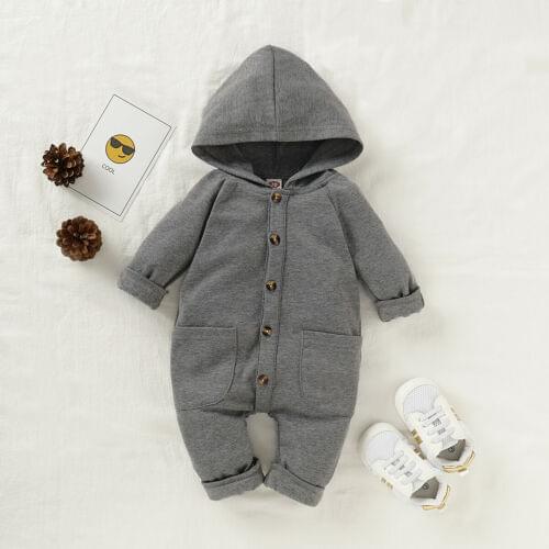 Baby Spring Autumn Clothing Newborn Infant Baby Boy Cotton Girls Warm Hooded Romper Kid Solid Button Up Hoodies Pocket Rompers