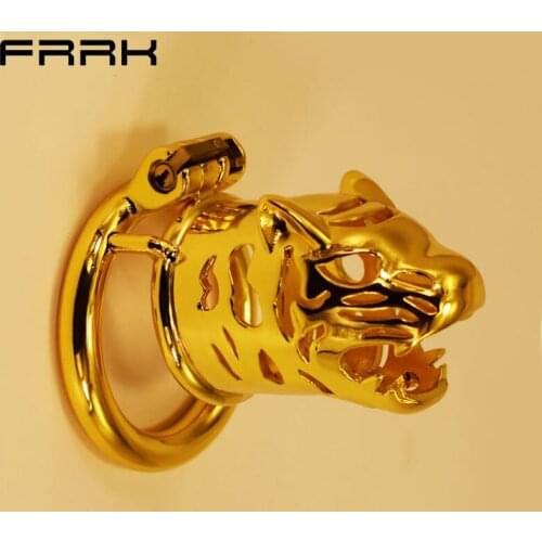 Golden Tiger Head Stainless Steel Cock Cage Metal Penis Ring Male Penis Lock Sex Toys For Men Chastity Belt Device Sex Shop