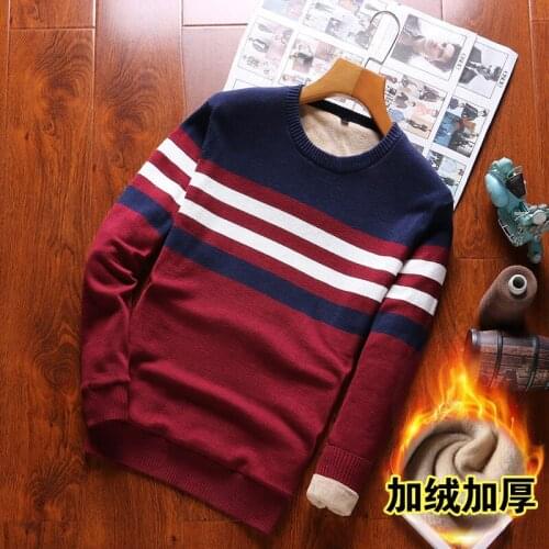 In Spring And Autumn New Mens Sweater Pullovers Mens Striped Fleece-Lined Korean Version of the Slim Sweater Top Male