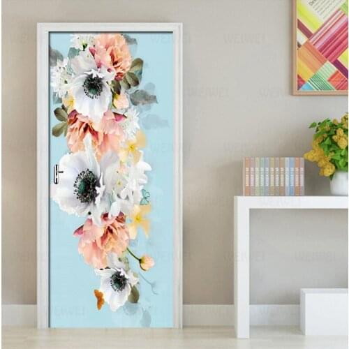Papel De Parede 3D PVC Waterproof Self-adhesive Fresh Flower Photo Wallpaper Door Sticker Mural Living Room Bedroom Decor Decals