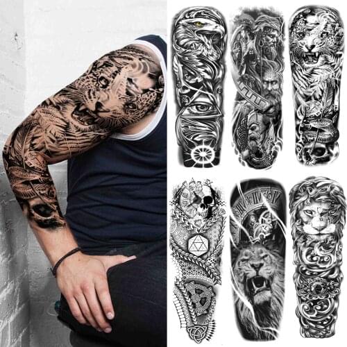 Real Tiger Snake Temporary Tattoo Sleeve For Men Women Adult Death Skull Fake Geometry Tattoos Sticker Black Flower Lion Tatoos