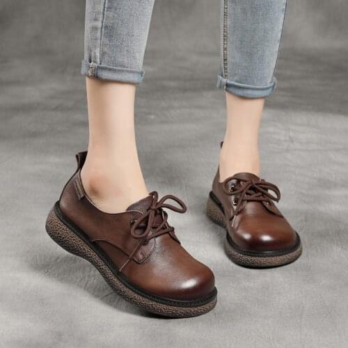 2021 Spring New First Layer Cowhide Casual Lace-up Leather Womens Shoes Mid-heel Casual Shoes Four Seasons Shoes