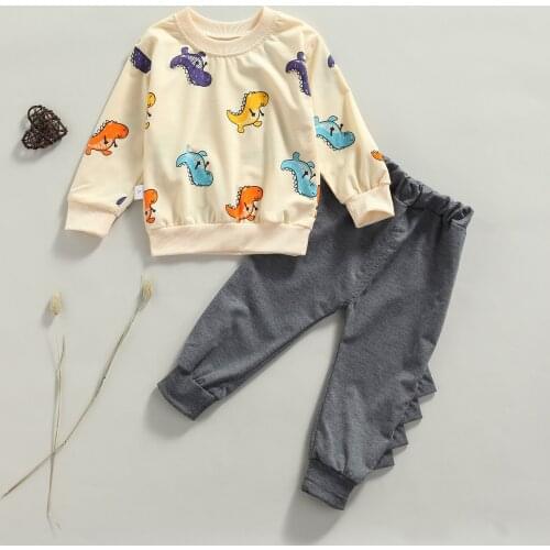 Lvoey Infant Baby Boys 2Pcs Fall Casual Clothes Cartoon Dinosaur Print Long Sleeve Tops + Solid Trousers Toddler Home Wear Set