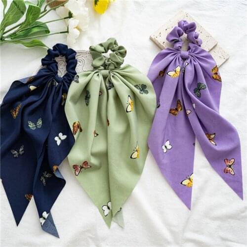 Hot Sale Solid Butterfly Knotted Chiffon Long Ribbon Ponytail Holder Women Hairband Girls Elastic Hair Bands Hair Accessories