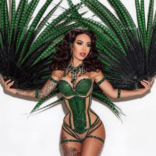 Sexy Green Girl clothing hot drilling Full diamond feather fan corset bar ds nightclub female gogo costume