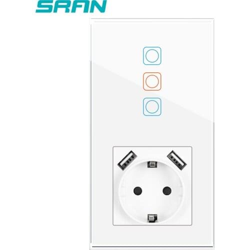SRAN Sensor Switch,Socket With Usb, Vertical Installation Crystal Glass Panel 153*82,Socket With Light Switch 3Gang 1Way