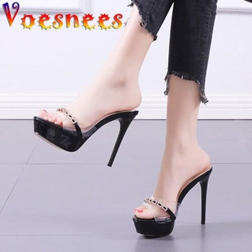 Transparent PVC Summer Slippers Chain Platform Slides One Word Thin Heel Pumps Korean Style Sweet High Heels Wedding Women Shoes