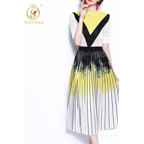 SMTHMA New Fashionable Runway Style Slim Knit Tops Two Piece Set + High Waist Gradient Pleated Skirt Suit