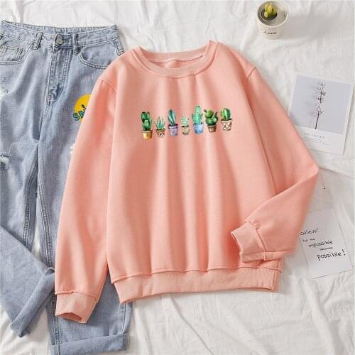 Harajuku Cactus Sweatshirt Streetwear Oversized Tracksuit Women Sweatshirts Cotton Winter Crewneck Basic Hoody Cute Cartoon Tops