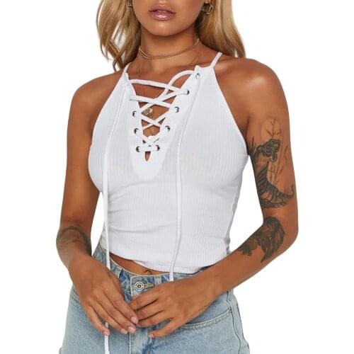 2020 Sexy Women Bandage Tank Top Hollow Out V Neck Tanks Lace Up Sleeveless Summer Crop Top White Black Femlae Tops Vestidos