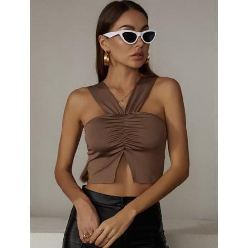 Women Fashion Solid Color Vest Sexy Pleated Irregular Split Exposed Navel Sleeveless Tops Party Club Streetwear