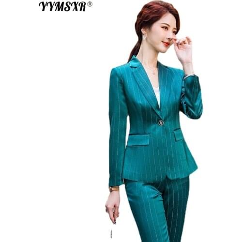 High-quality Plus Size Womens Autumn and Winter Professional Slim Striped Long-sleeved Suit Trousers Two-piece Overalls Female