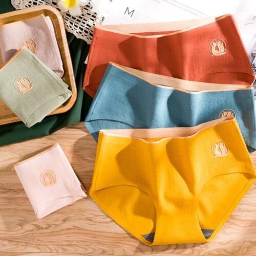 Wasteheart Women Fashion Yellow Green Cotton Mid Waist Panties Underwear Lingerie Seamless Briefs Underpants M L XL Plus Size