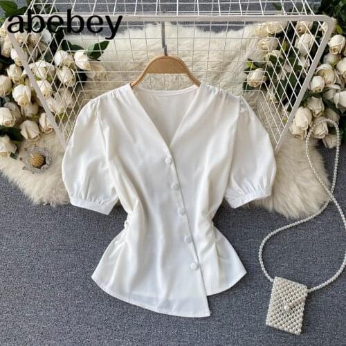 Sexy Blouse Women Korean V Neck Short Sleeve Solid Tops Summer Streetwear Blouses