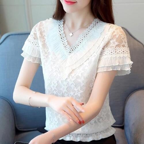 Spring Summer Style Women Lace Blouses Shirts Lady Casual Short Flare Sleeve V-Neck Lace Blusas Tops DD8973