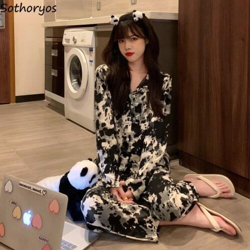Women Pajama Sets Casual Soft Fashion Print Loose Turn-down Collar Korean Style Ulzzang Harajuku Retro Womens All-match New Chic