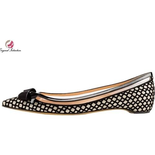 Original Intention Women Boat Shoes Flats Elegant Bowtie Pointed Toe Nice Black and Gold Shoes Woman Plus US Size 4-15