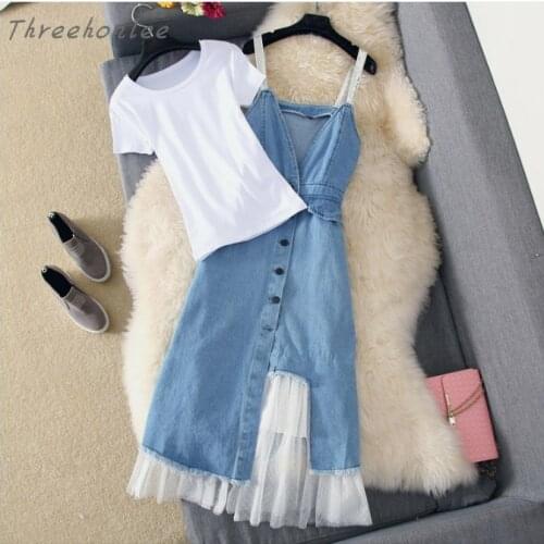 2021 New Fashion Summer Women Two Pieces Set Solid White T-shirt And Slim Mesh Stitching Strap Denim Dress Female Casual Suits