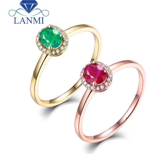 Luxury Rings For Women Solid 14K Yellow Gold Genuine Diamonds Natural Ruby Emerald Gemstone Mothers Gift Ring Jewelry In Stock