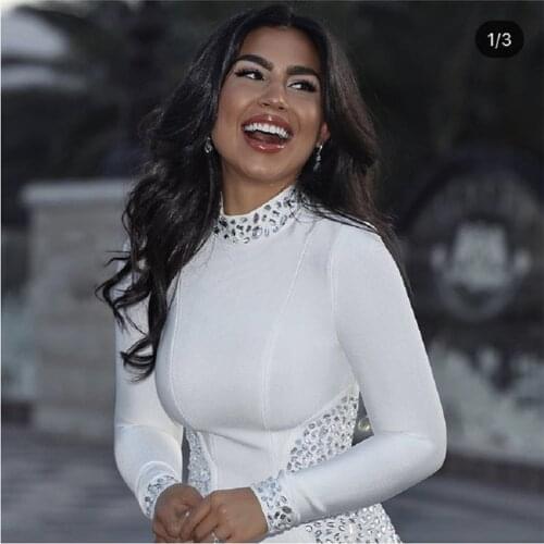 2020 New White Black Long Sleeves Beading Bandage Dress Elegant Celebrity Party Night Club Bodycon Dress Vintage Vestios Bandag