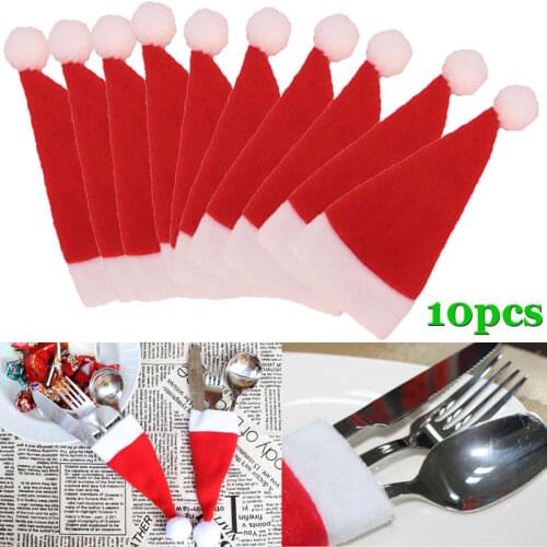 10 Pcs/Set Christmas Hat Cutlery Bag Candy Gift Bags Cute Pocket Fork Cutter Holder Table Dinner Decoration DTT88
