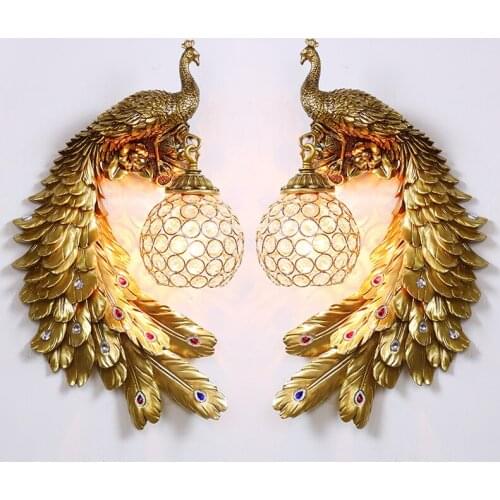 American Retro Peacock Wall Lamp Artificial Painting Resin Decor Lamp Bedroom Corridor Aisle Wall Sconce Indoor Lighting Fixture