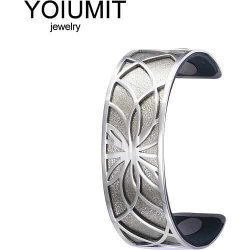Yoiumit Stainless Steel Cuff Bracelet Silver Color Womens Hand Bracelets Interchangeable Leather Argent For Women Bangles