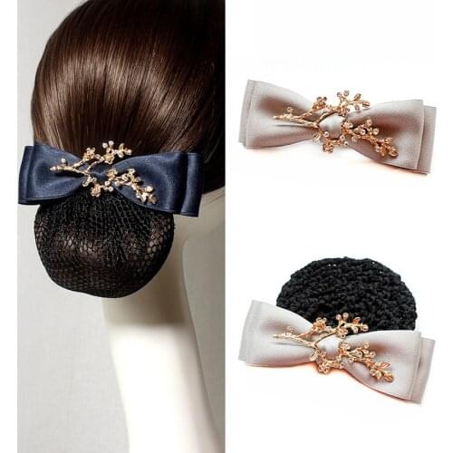 Elegant Ladies Bow Gold Branch Fabric Ribbon Hair Clip Cover Hairpin Barrette Adult Bank Nurse Staff Snood Net Bun Girls Jewelry