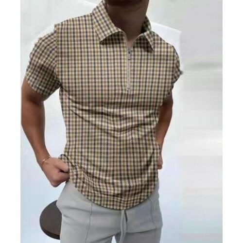 Summer Plaid Mens Streetwear Turn-down Collar Men T-shirt Print Thin Zipper Short Sleeve Summer Shirt Top Quick Dry Plus Size