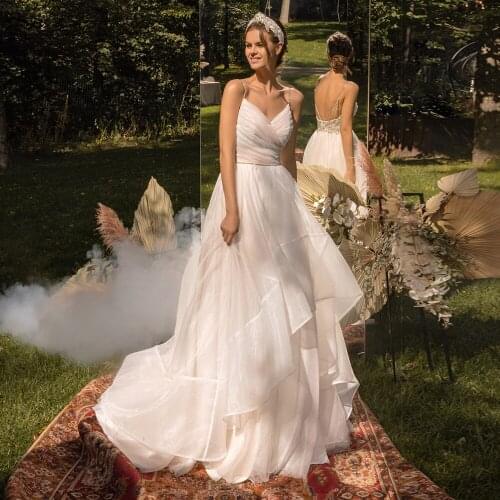 2021 New Spaghetti Strap Boho Wedding Dresses Sleeveless Beach Bridal Gowns Sexy Beaded Organza Wedding Gowns Customized