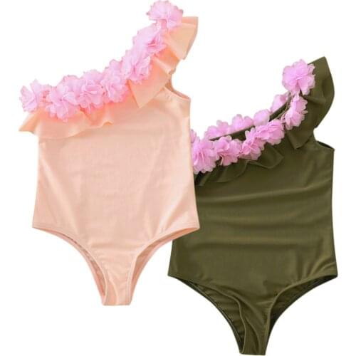 2021 Summer Toddler Baby Kids Girls Sloping Shoulder Solid One-piece Beach Swimsuit Swimwear For 1-6y Купальник Детский #l12