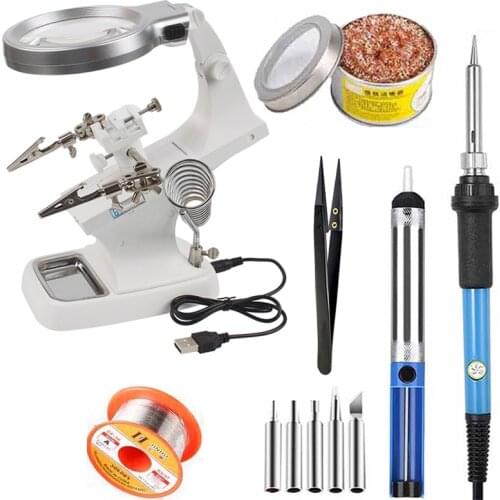 Soldering Iron Stand With Led 3X 4.5X 25X Magnifying Glass Alligator Clip Helping Hand Rework Station Repair Welding Tools