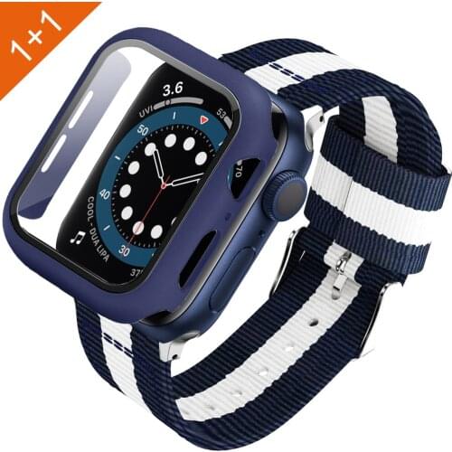 For apple watch 6 se 44mm 40mm band and case Built-in Tempered Glass for iwatch series 5 4 3 strap nylon bands + PC Bumper Case