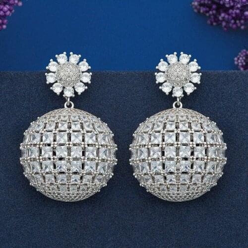 Luxury Flower Cubic Ball Super Shiny AAA Cubic Zirconia Silver Color Dubai Women Wedding Paty Drop Earring Fashion Jewelty