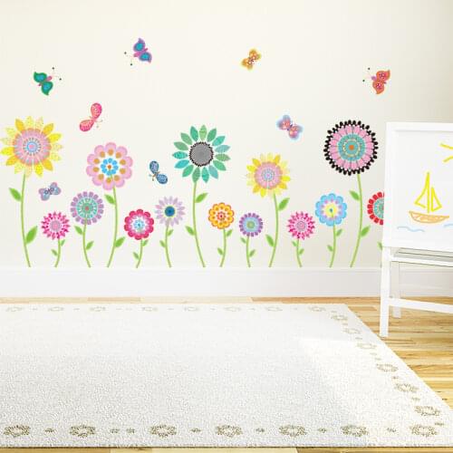 [shijuekongjian] Cartoon Flowers Wall Stickers Vinyl DIY Butterflies Wall Decals for Living Room Kitchen Glass Door Decoration
