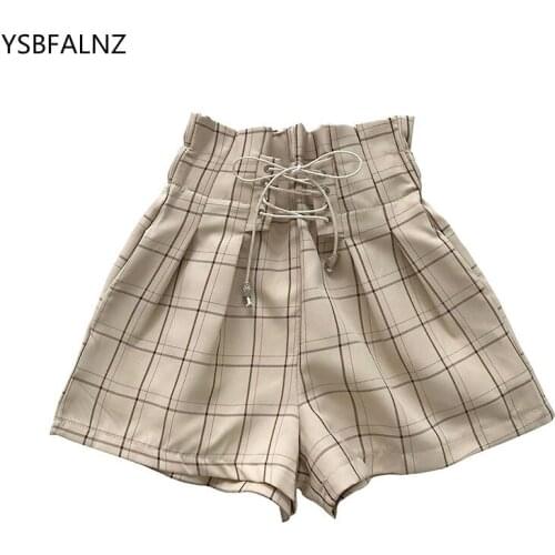 2020 Summer Autumn Fashion Elastic Sashes High Waist Shorts Women Vintage Wide Leg Shorts Solid Thin Bow Female Sexy Shorts New