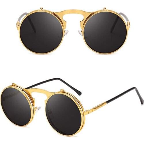 Vintage Steampunk Flip Round Sunglasses UV400 Spring Mirror Legs Design Women Men Sun Shade Glasses Eyewear