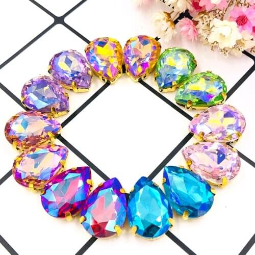 New arrival Teardrop Glass rhinestones crystal gold base flatback sew on rhinestones with claw for DIY clothing Accessories