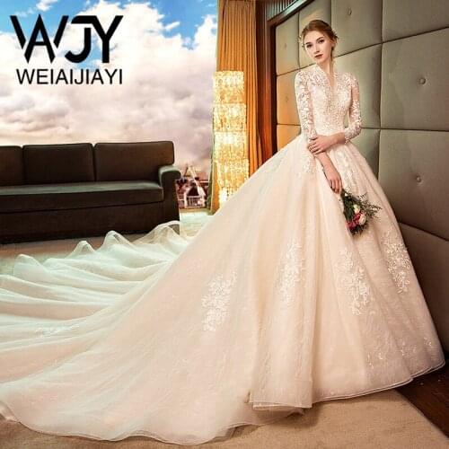 Gorgeous V Neck Three Quarter Court Train Lace Up Tulle Long Bride Sexy Wedding Dress Appliques Vestido De Novia Robe De Mariee