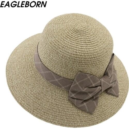 2020 New Womens Summer Caps Wide Brim Hat Sun Hats for Women Lattice Bow Design Straw Hat Ladies Beach Summer Hats Wide Brim Cap