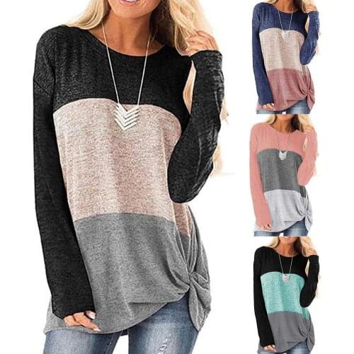 Women Fashion Streetwear Autumn T-shirt Twist Knot Long Sleeve Casual Slim Tunics TopColor Block Women T Shirt Female Pullover