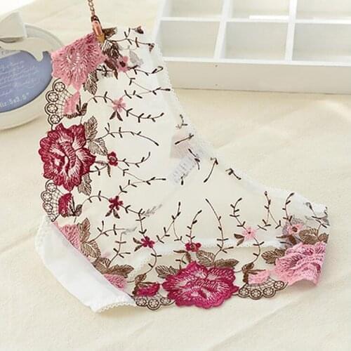 Women Sexy Low-Rise Briefs Embroidery Print Underpants Comfortable Nylon Briefs Sexy Summer Breathable Lace Under Panties