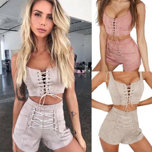 Women Lady 2 Piece Set Crop Tops Sleeveless Shirt Bandage Shorts Bodycon Outfits Summer Casual Jumpsuit Fashion Women Clothing