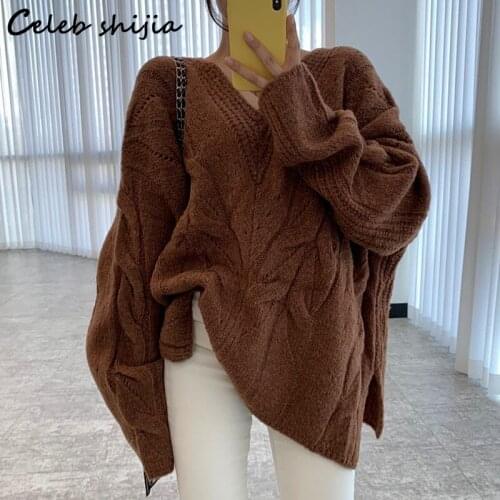 SHIJIA Khaki Loose Sweater Woman V-neck Long Sleeve Thicken Knitted Jumper Female Autumn Winter Oversized Beige Sweater Korea