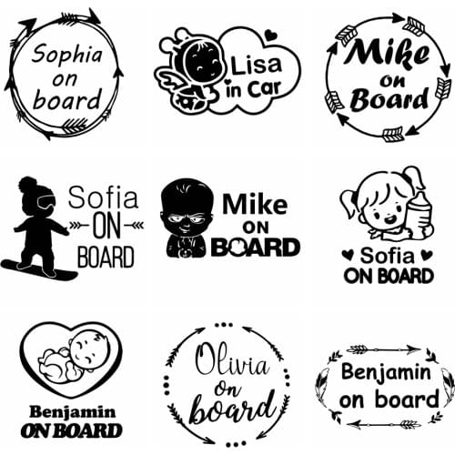 10 Kinds Custom name Baby On Board Funny Car Sticker Vinyl Stickers For Cars Body Decal Window Decals Car-Styling Decoration