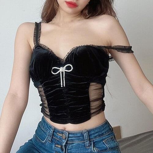 2021 Summer Strappy Tanks Top Sling Navel Rhinestone V-neck Corset Tops Creased Design Camisole Net Yarn Perspective Vest